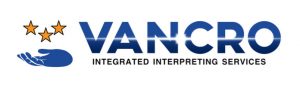logo with blue right hand holding above it three mustard yellow stars. To the right in blue is the word VANCRO and beneath it in black it says “Integrated Interpreting Services”